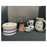 Blue Decorated Stoneware Pitchers & Crock.