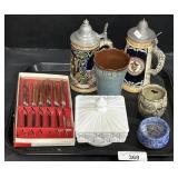 Bakelite Knives, German Steins, Milk Glass Dish.