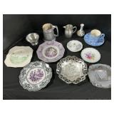 Porcelain & Pewter, Metal Plates, Candleholder.