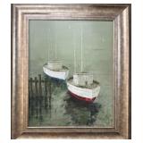 Framed Oil On Canvas Boat Landscape Painting.