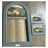 Folk Art Mirror & 2 Small Prints.