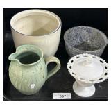 Art Pottery Pitcher, Milk Glass Candy Dish.