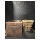 Wooden baskets and crate. Both items have signs