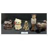 3 Cast Iron Coin Banks, Carved Wood Figurines.