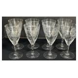 Heisey Pied Piper Etched Crystal Wine Glasses.