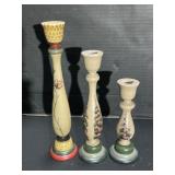 3 Hand Painted Folk Art Wood Candle Sticks