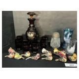 Amber Glass Decanter, Hand Painted Tumblers