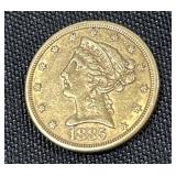 1885 Liberty Head $5 Gold Half Eagle Coin.