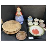 Cookie Jar, Teacups, Carved Wooden Bowls.
