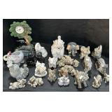 Elephant Figurines, Clock, Candle.