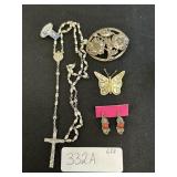 Sterling Silver Rosary & Floral Brooch.