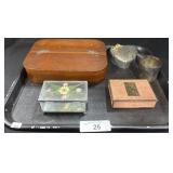 Glass Trinket Box, Silver Box & Cup, Wooden Box.