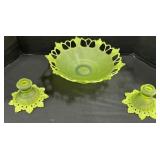 Green frosted Art Glass Bowl & Candle Holders.