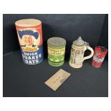 German Beer Stein, Advertizing Tins.