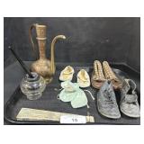 Vintage Childrenï¿½s Shoes, Brass Teapot, Ink Pot.