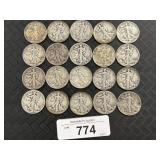 20 90% Silver Walking Liberty Half Dollars.