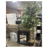 Artificial Ficus, Box Fan & Ornate Wall Mirror.