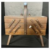 Wooden Accordion Sewing Box With Sewing Notions.