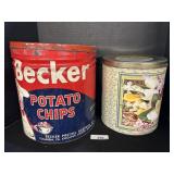 Vintage Becker Chips Tin & Floral Popcorn Tin.