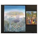 Pair Of Haitian Village Oil Paintings.