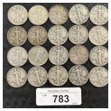20 90% Silver Pre 64ï¿½ Walking Liberty Half Dollars