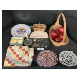 Quilted Pillow Case, Baskets, Pins, Hankie Bag.
