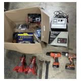 Cordless Drills, Auto Stands, Irwin Socket Set.
