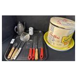 Tin Containers, Knives, Utensils, Teapot.