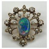 14KT Gold Black Opal, Diamond, and Pearl Brooch.