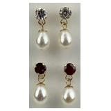 2 Pairs of 14KT Gold Pearl, Diamond, Gem Earrings.