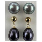 2 Pairs of 14KT Gold Black Pearl Earrings.