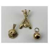 3 14KT Gold Softball/Baseball Theme Pendants.