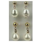 2 Pairs of 14KT Gold Pearl Drop Earrings.