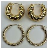 2 Pairs of 14KT Gold Twister Hoop Earrings.