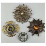 4 Vintage Victorian Style Gemstone Brooches.