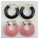 2 Pairs of 14KT Gold Quartz & Onyx Hoop Earrings.