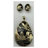 14KT Gold Asian Overlay Onyx Pendant & Earrings.