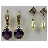 14KT Gold Pearl & Amethyst Drop Earrings.
