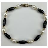 14KT Gold Accent Onyx & Pearl Bracelet.
