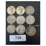 9 90% Silver 1878-1921 Morgan Dollars.