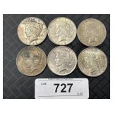 6 90% Silver 1922-1925 Peace Dollars.
