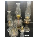 5 Vintage Glass Hurricane Oil Lamps.