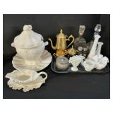 Atlantis Crystal Decanter, Milk Glass, Punch Bowl.