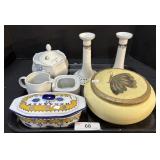 Ceramic Bowls, Creamer/Sugar, Candlesticks.
