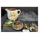 Costume Jewelry, Teacup, Pitcher, Glass Bowl.