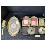 Acwalite Hairbrush, Depression Glass Receptacles.