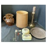 Redware Pitcher, Amber Glass Lamp, Jewelry.