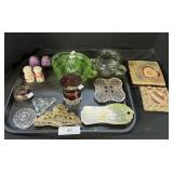 Uranium Glass Juicer, Carved Stone Plaque, Tiles.