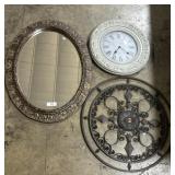 Clock, Metal Art Wall Plaque, & Mirror.
