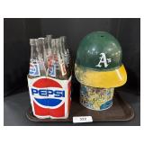 Pepsi Cola Bottles, Baseball Hat, Tin Container.